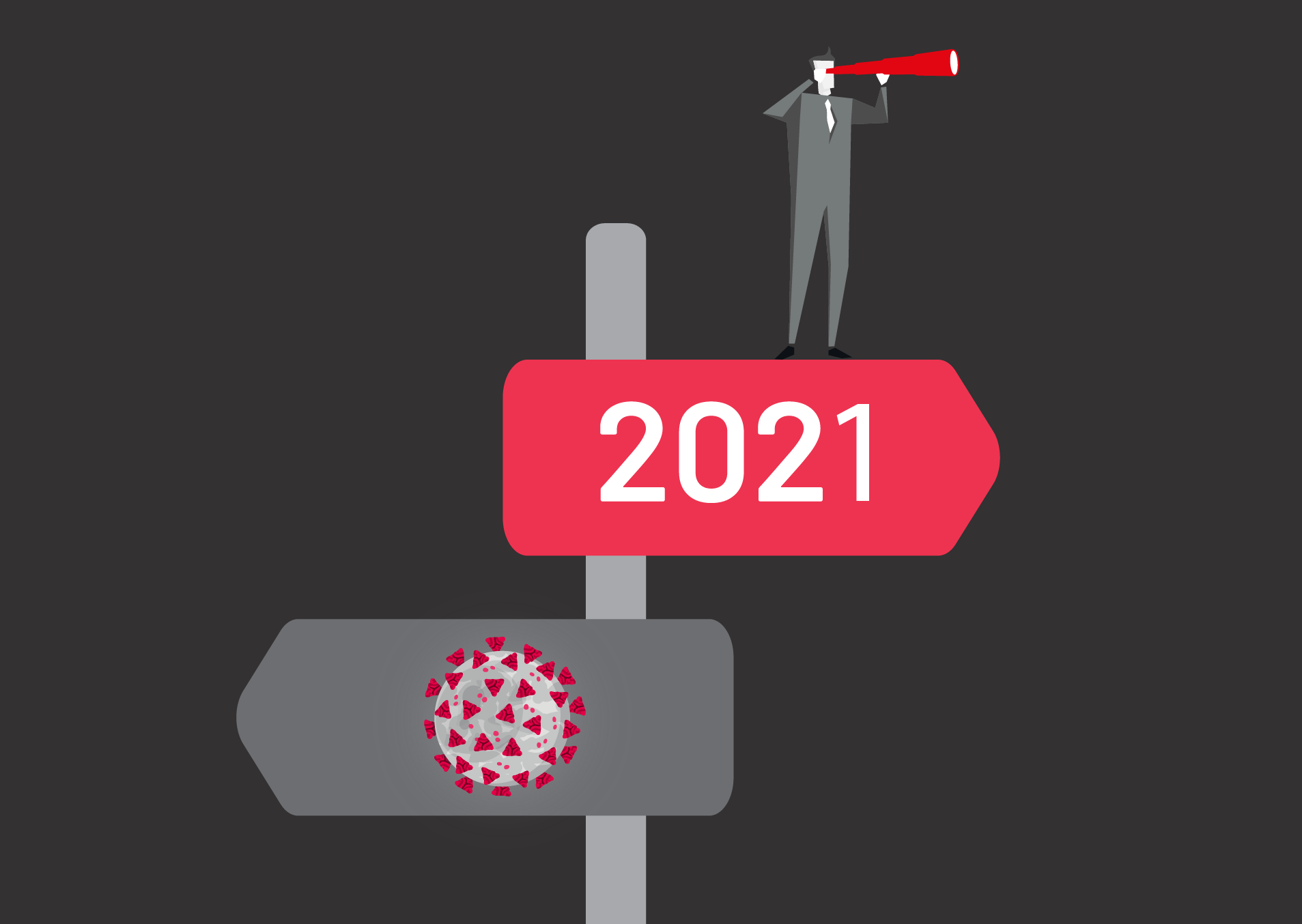 Sign post showing 2021 forward and COVID-19 backward